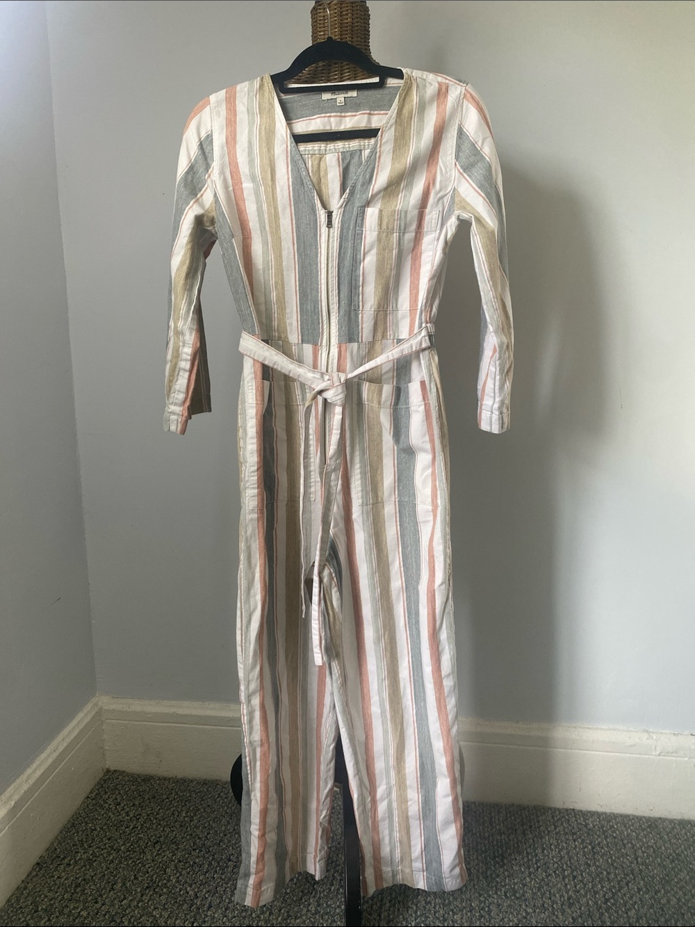 Madewell Striped V-Neck Belted Jumpsuit in White, Pink & Green